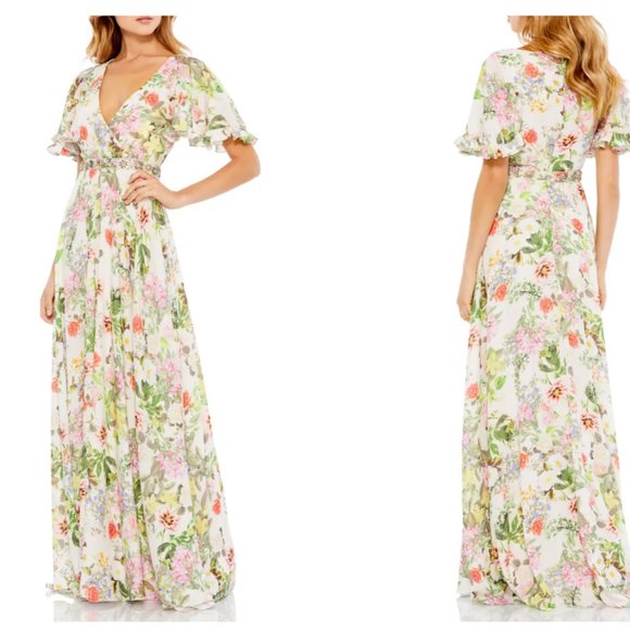 MAC DUGGAL FLORAL MULTI  PRINT FLUTTER SLEEVE EMBELLISHED WAIST GOWN sz 8 - Picture 7 of 7